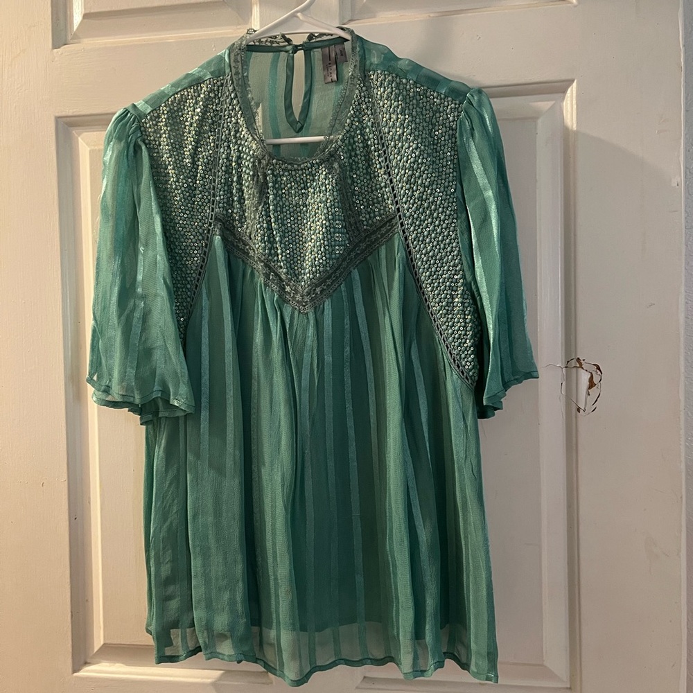 Anthropologie Teal Blouse with Lace Detail